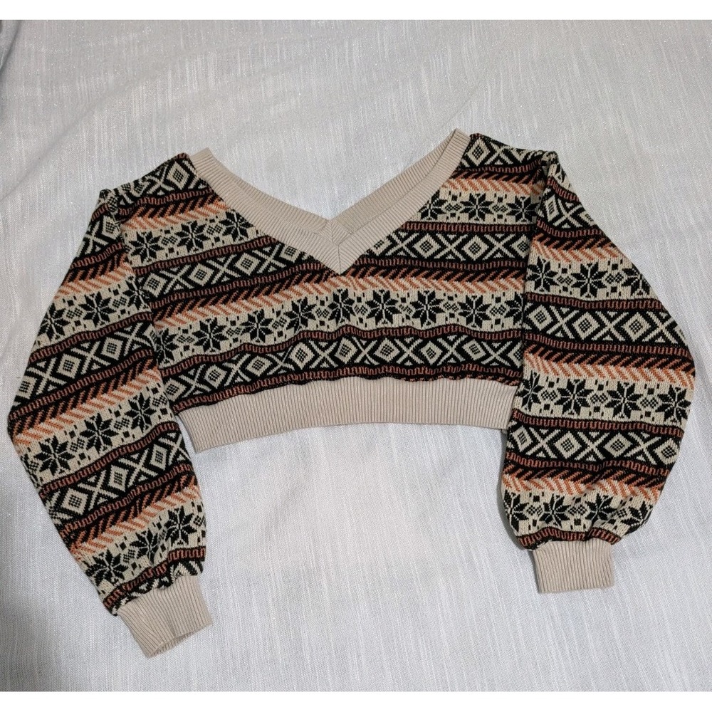 ZAFUL Cropped Fair Isle Sweater Cottagecore Womens M V-Neck Knit Crop Top NWOT